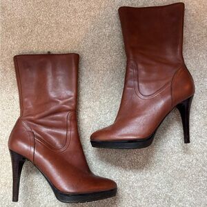 Calvin Klein Brown Leather Ankle Boots Heels Women’s Size 6.5M Zip-Up